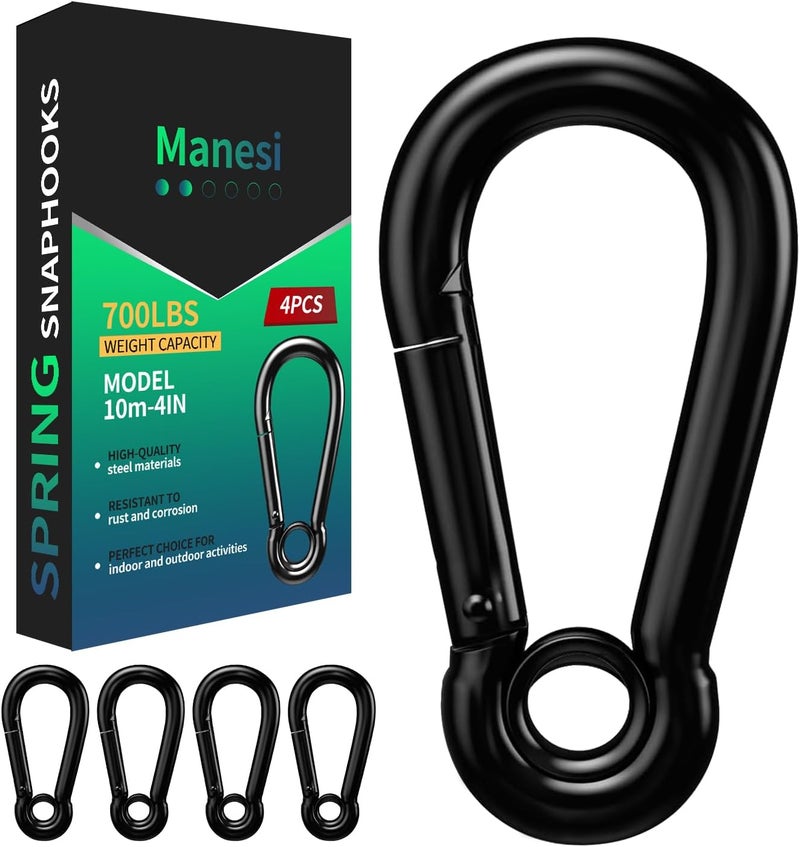 Manesi Spring Snap Hooks, Black Carabiner Clip, Heavy Duty Rope Connector, Quick Link Carabiners Spring Snap Hooks for Indoor & Outdoor, Camping, Fishing - Image 1